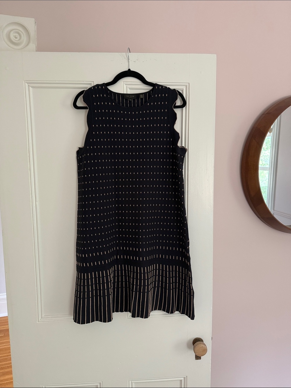 Ted Baker Knit Navy Mini Dress with Gold Pinstripe Pattern
